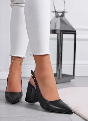 ANGELICA - Black pointed slingback pumps with a chunky heel