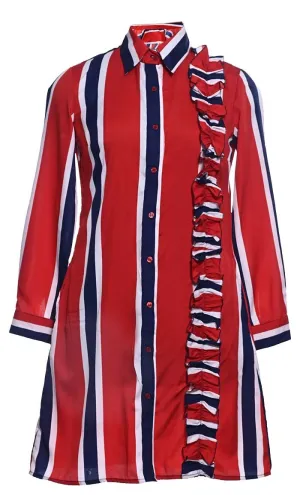Basic Red Stripe Printed Button Down Tunic With Pockets - Final Sale