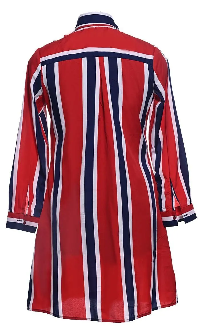 Basic Red Stripe Printed Button Down Tunic With Pockets - Final Sale