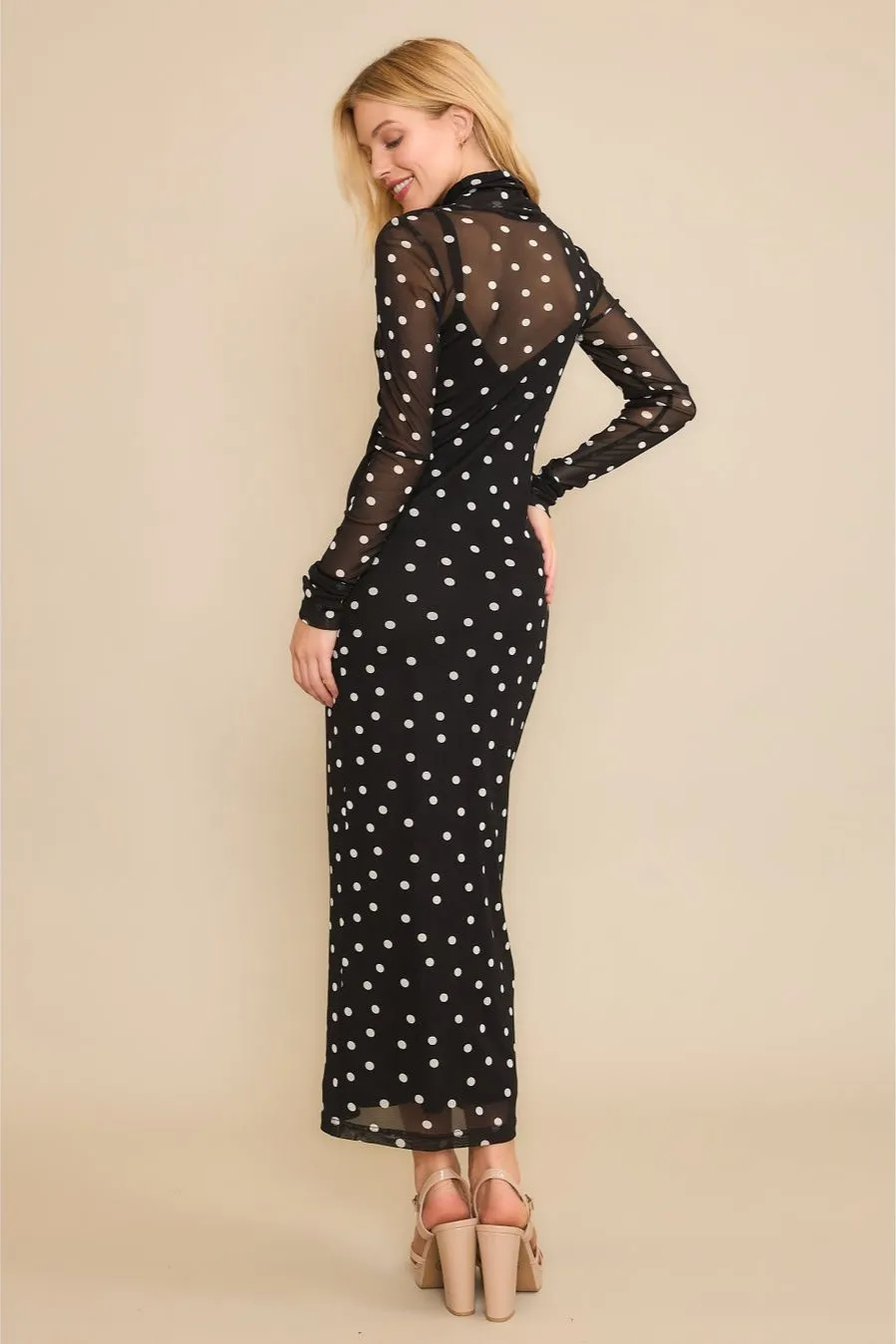 Black & White Polka Dot Mesh Mock Neck Dress