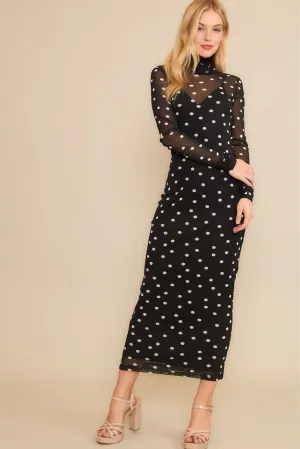 Black & White Polka Dot Mesh Mock Neck Dress