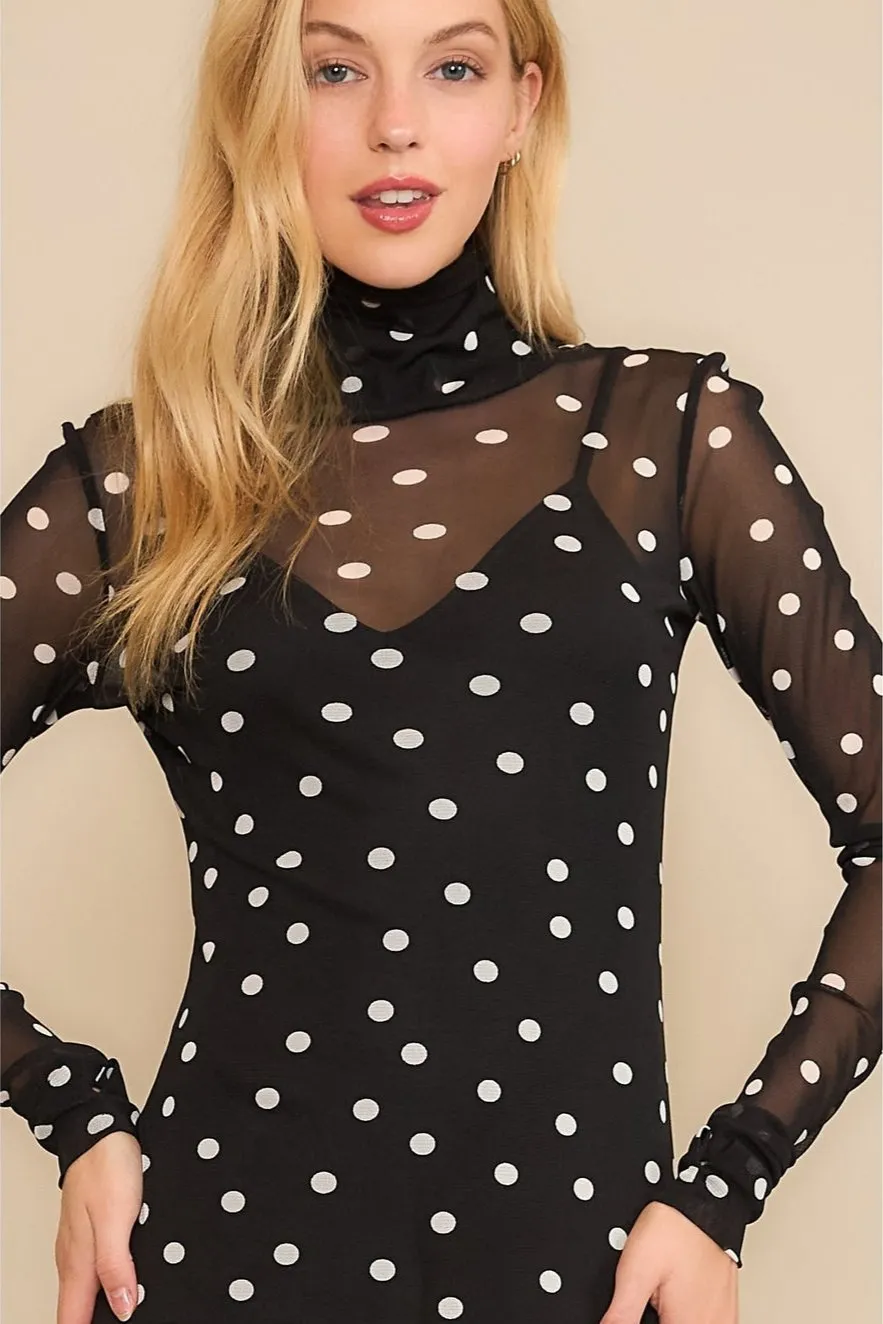 Black & White Polka Dot Mesh Mock Neck Dress