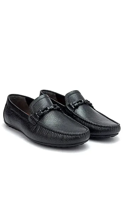 Black Moccasins With Braided Panel On Top
