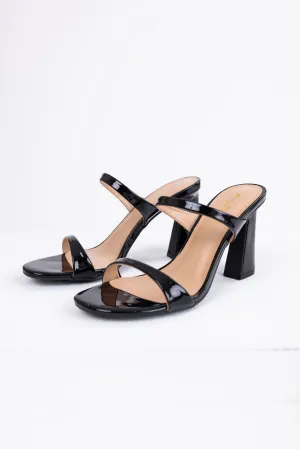 Black Shiny Two Strap Block Heels