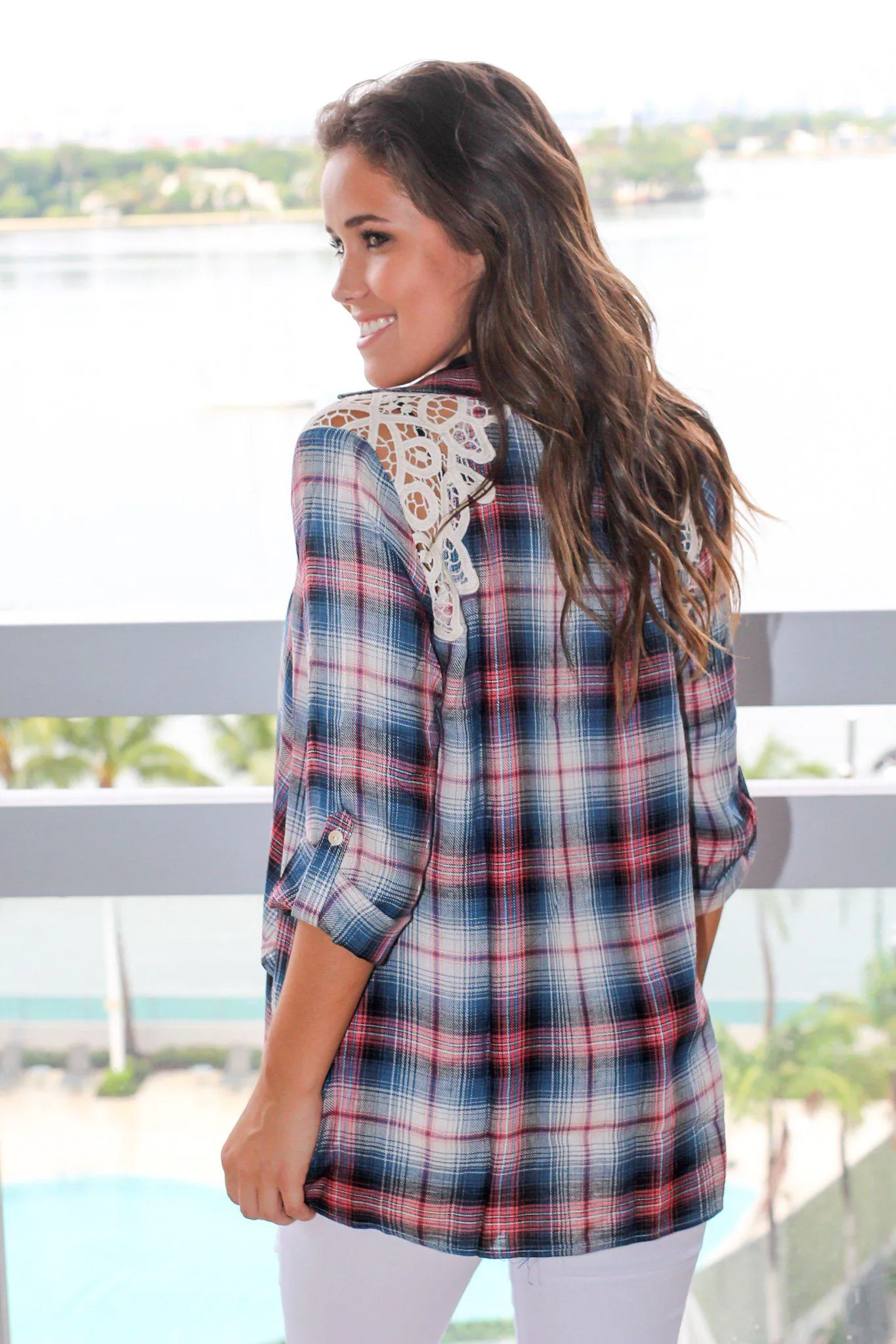 Blue and Pink Plaid Cardigan with Lace Detail