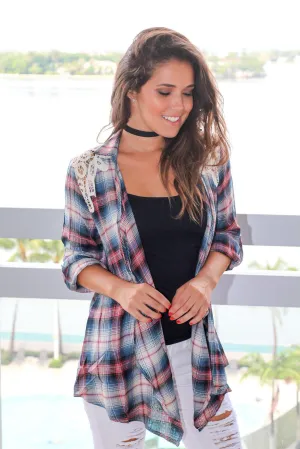 Blue and Pink Plaid Cardigan with Lace Detail