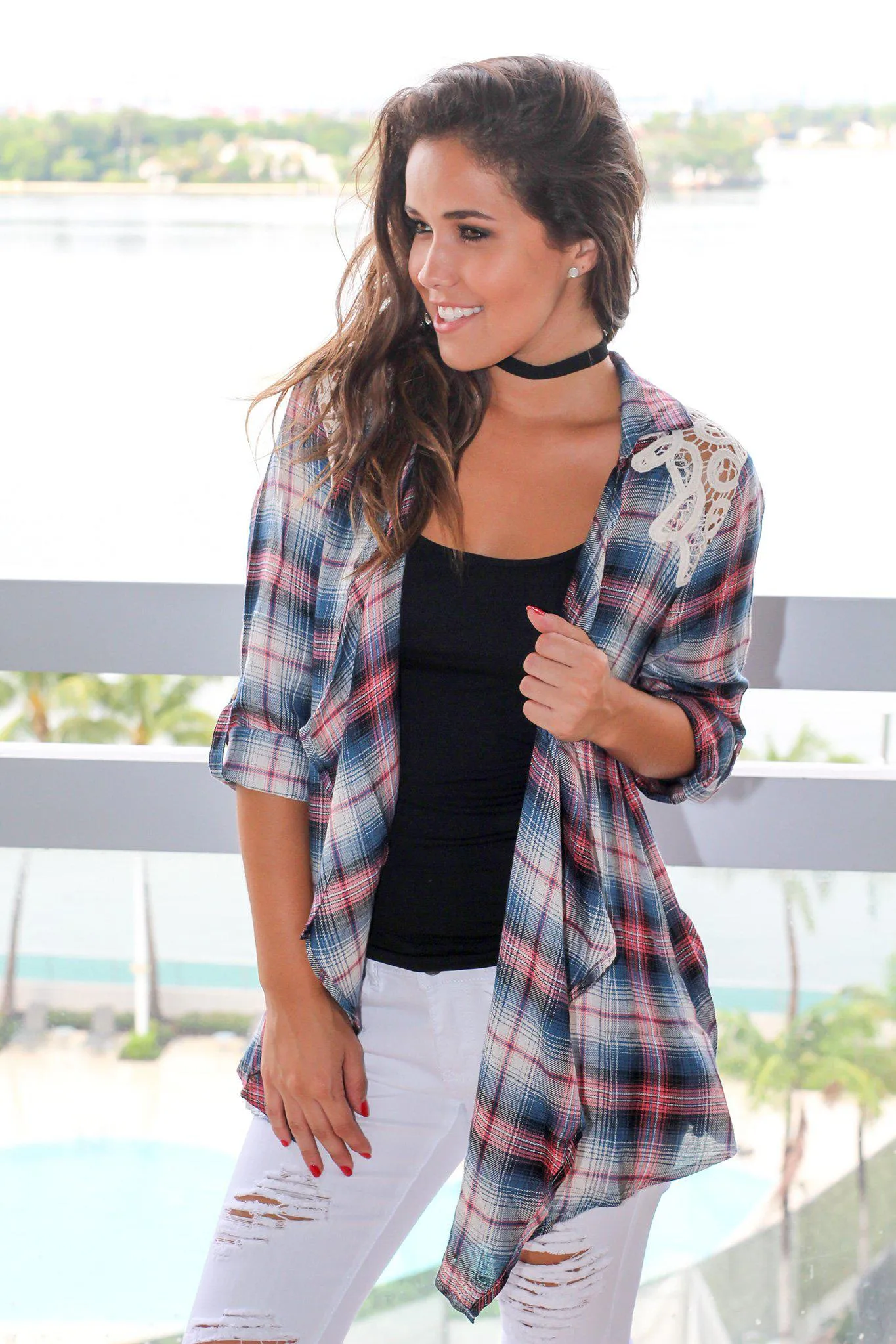Blue and Pink Plaid Cardigan with Lace Detail