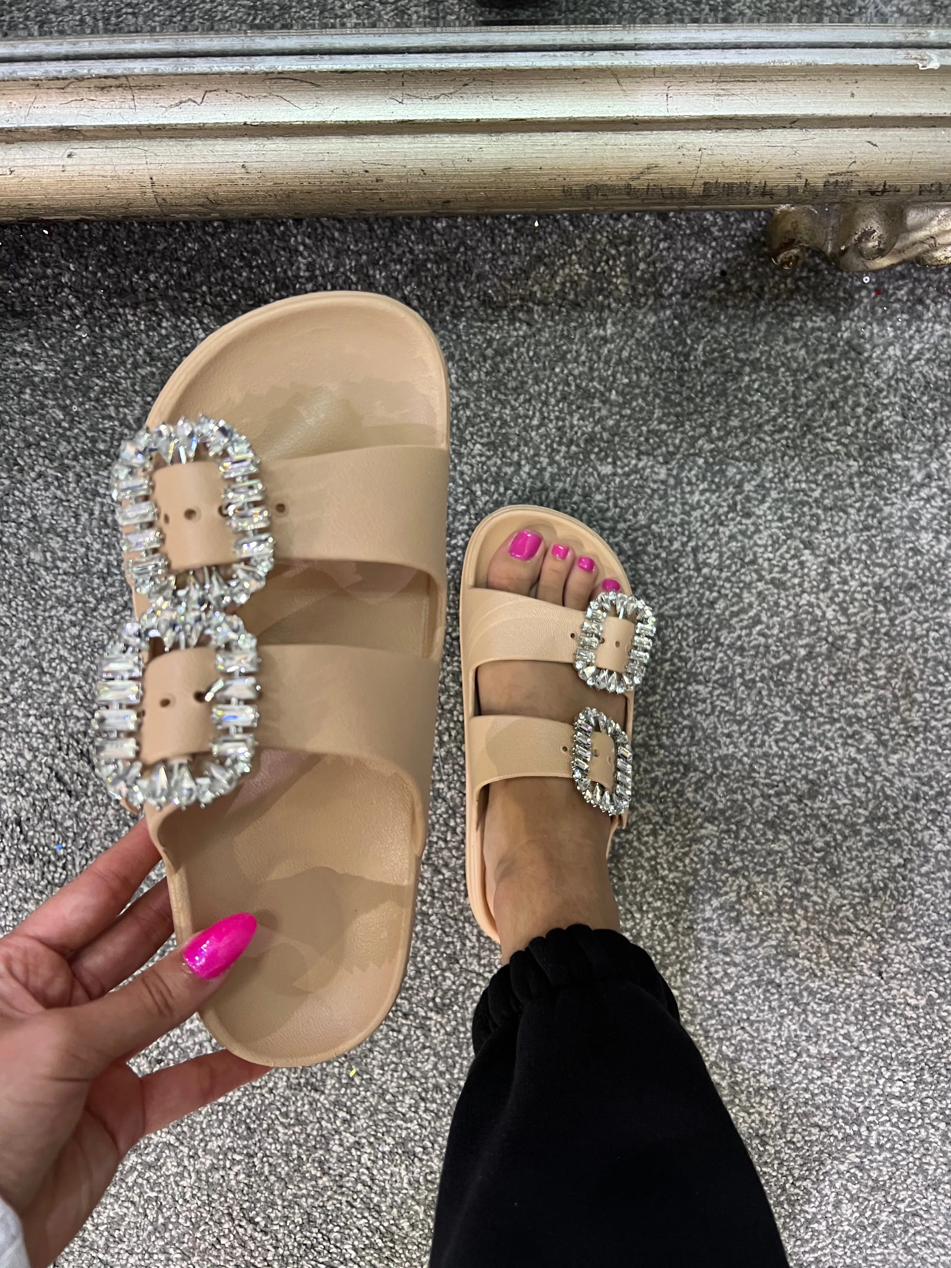 Cammy Diamante double buckle sliders sandals nude
