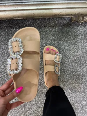 Cammy Diamante double buckle sliders sandals nude