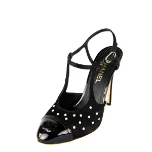 Chanel Black Satin Pearl Embellished CC Pumps Size US 10 | EU 40