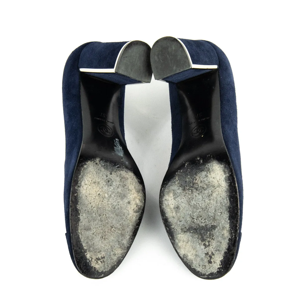 Chanel Blue Suede Block Heel Pumps Size US 7 | EU 37