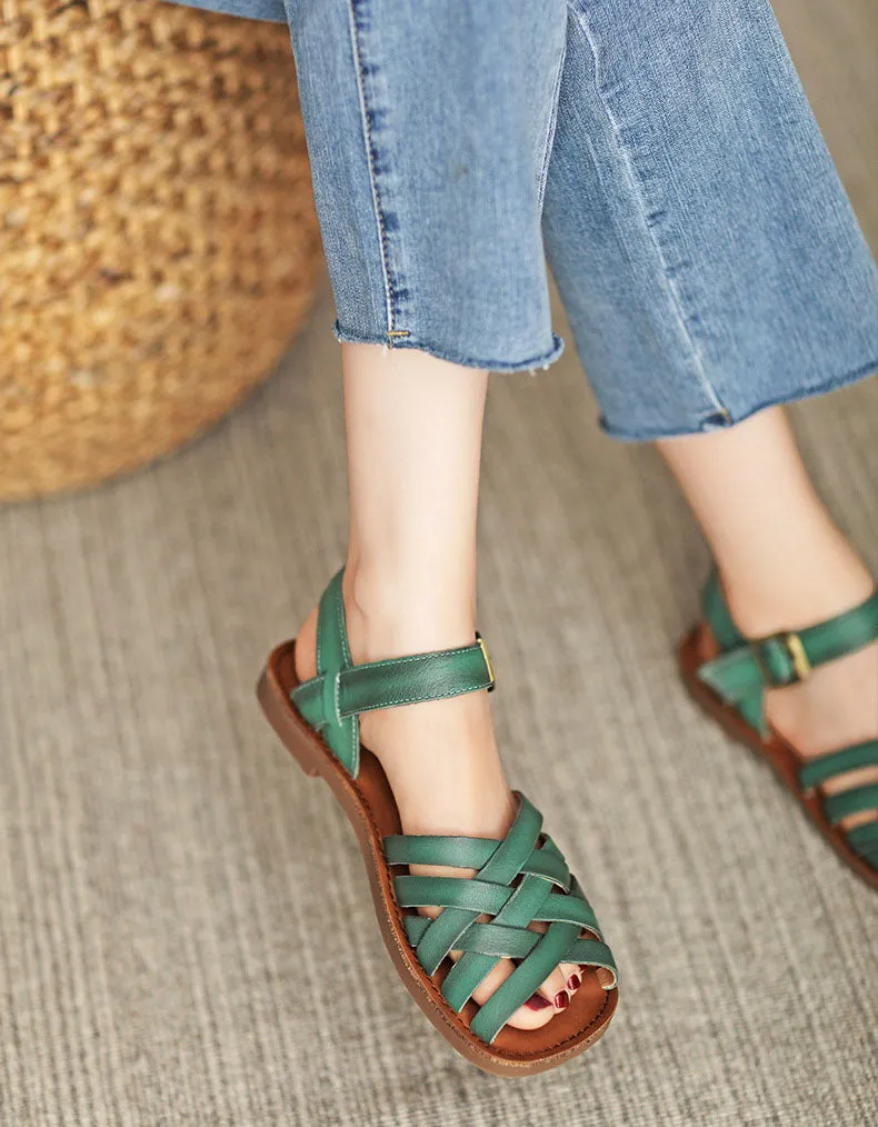 [Clearance] Comfortable Soft Leather Strap Flat Sandals Slingback (40)