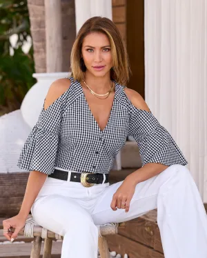 Cold Shoulder Print Button Up Top Black/White Gingham