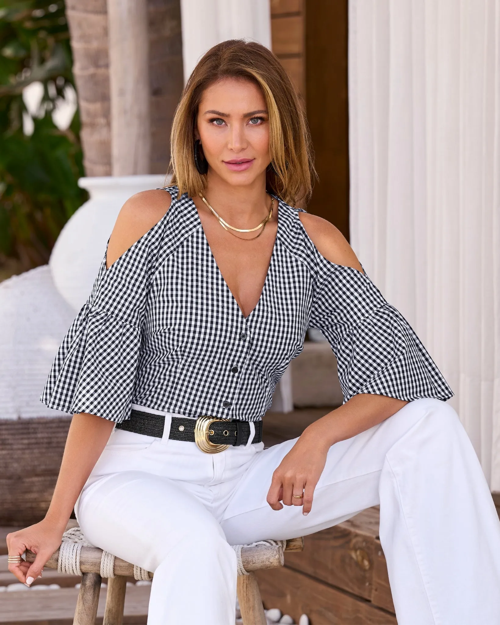 Cold Shoulder Print Button Up Top Black/White Gingham