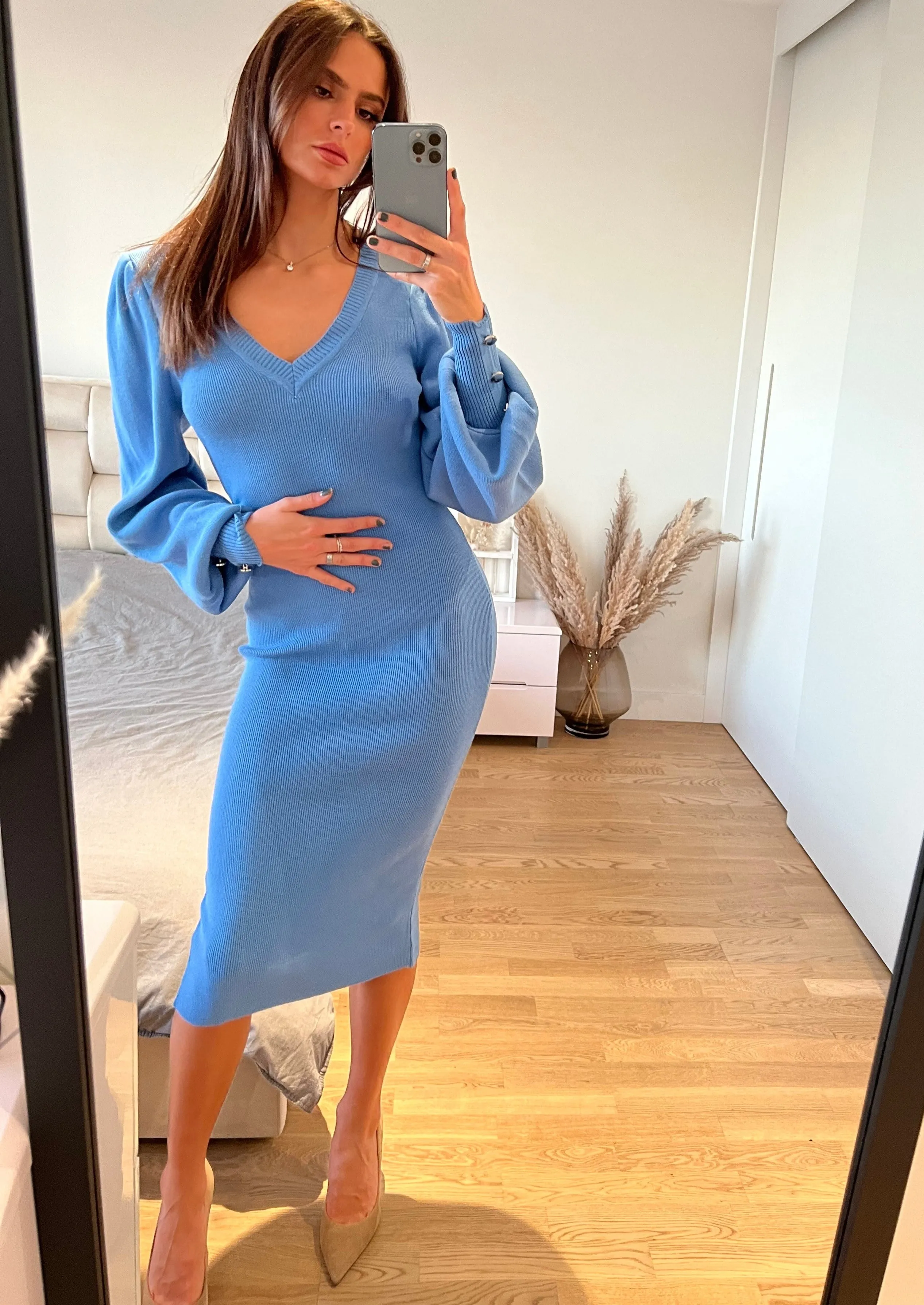 Cozy Balloon Sleeve Midi Dress in Ocean Blue