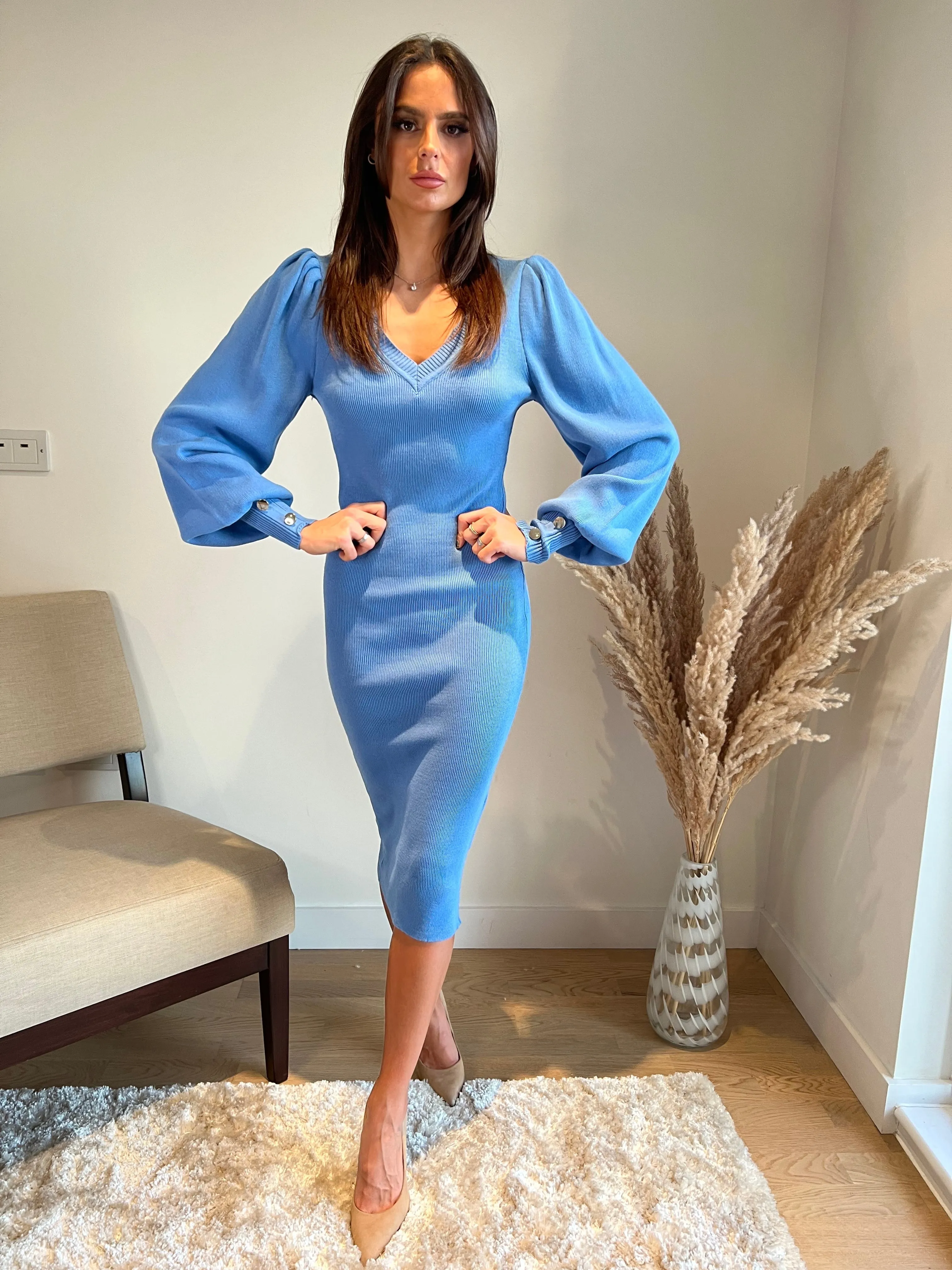 Cozy Balloon Sleeve Midi Dress in Ocean Blue