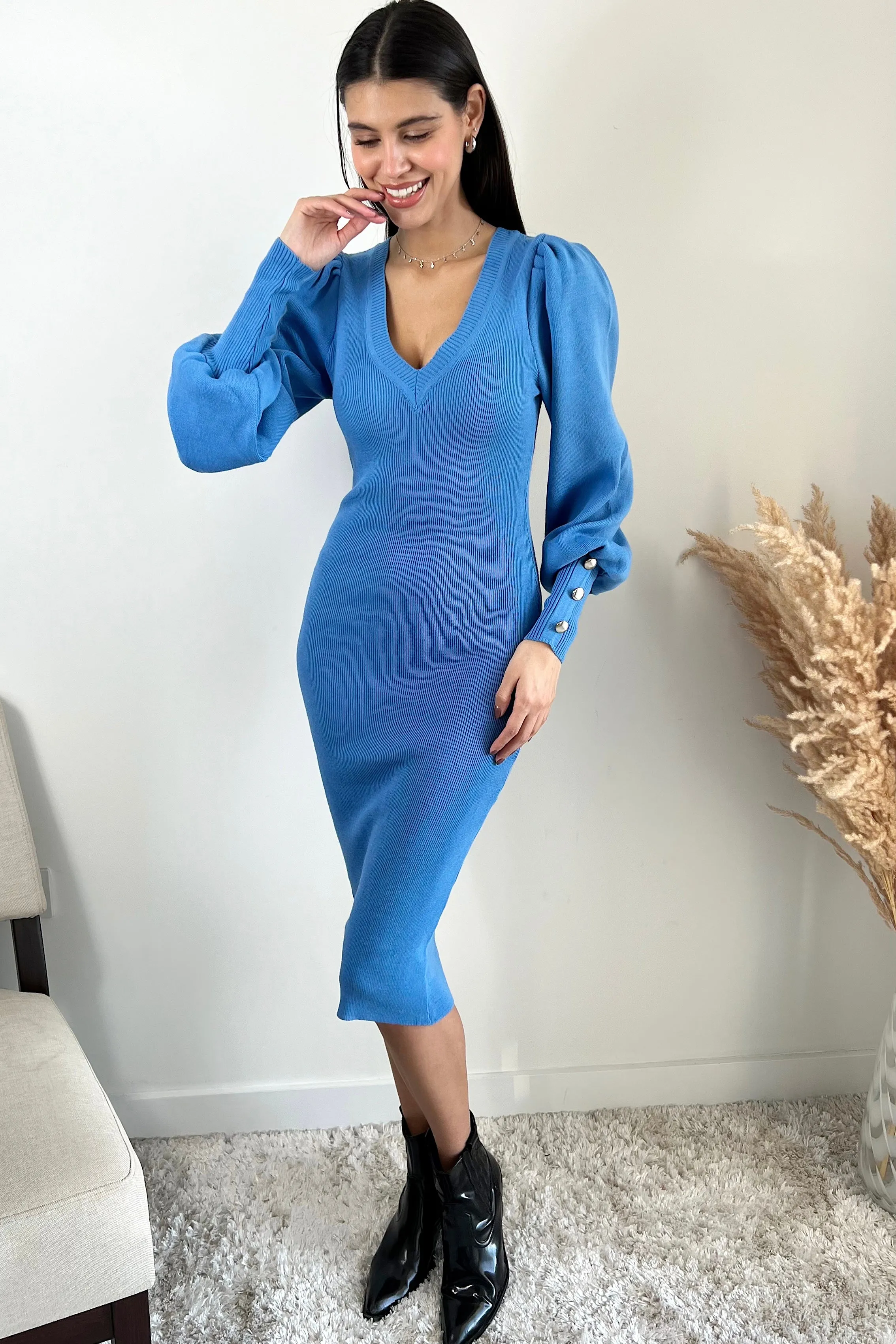 Cozy Balloon Sleeve Midi Dress in Ocean Blue