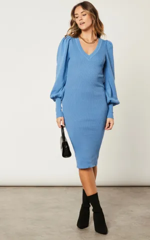 Cozy Balloon Sleeve Midi Dress in Ocean Blue