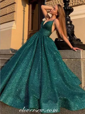 Dark Green Shiny Satin V-neck A-line Elegant Prom Dresses, CP0815
