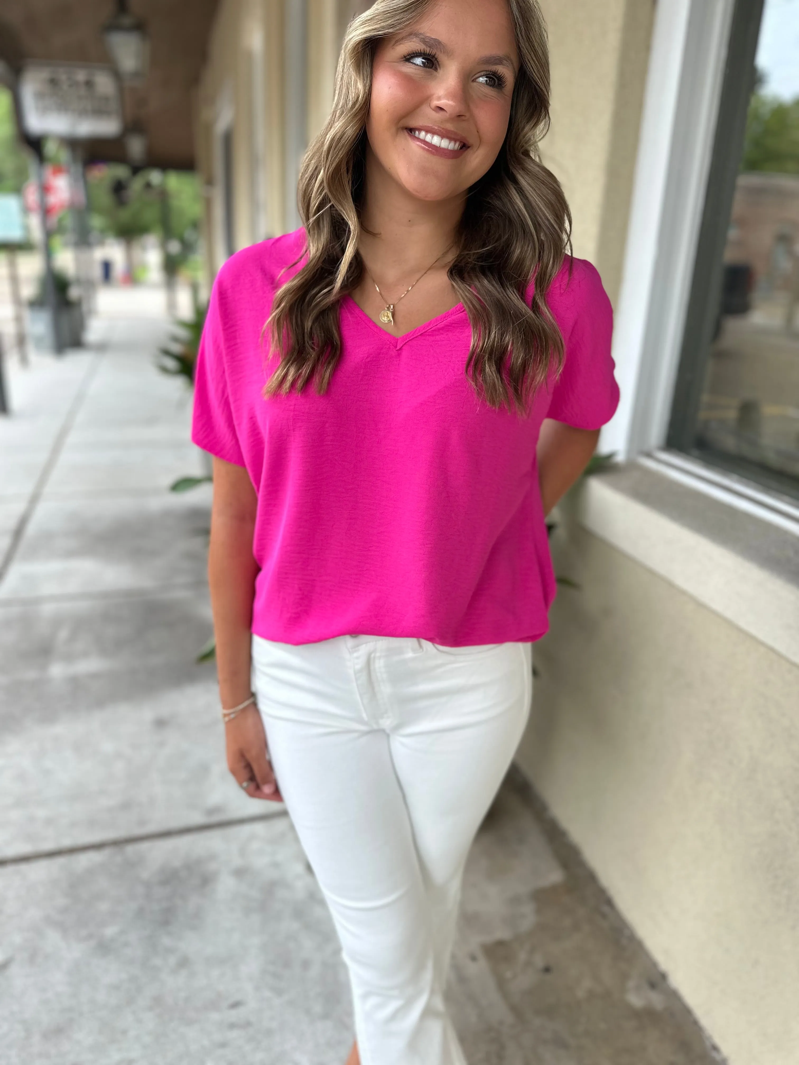Flowy V Blouse-Hot Pink