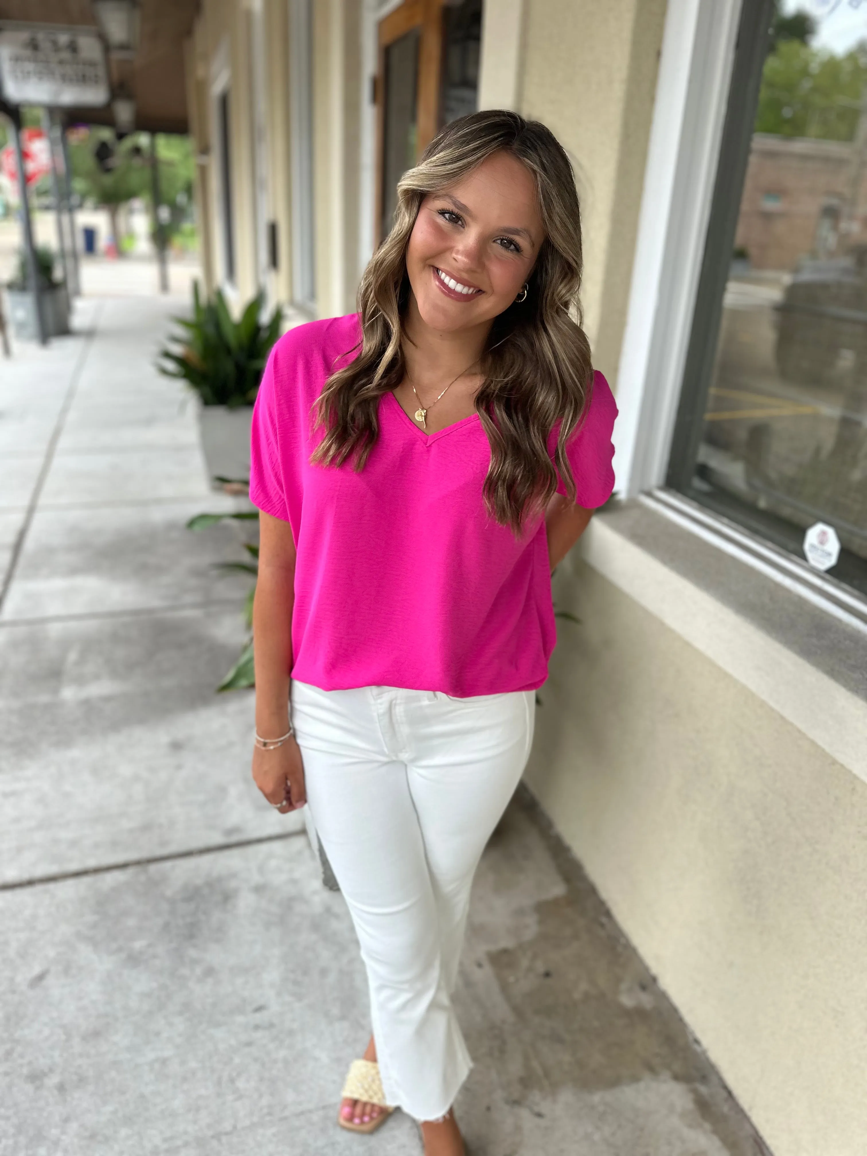 Flowy V Blouse-Hot Pink