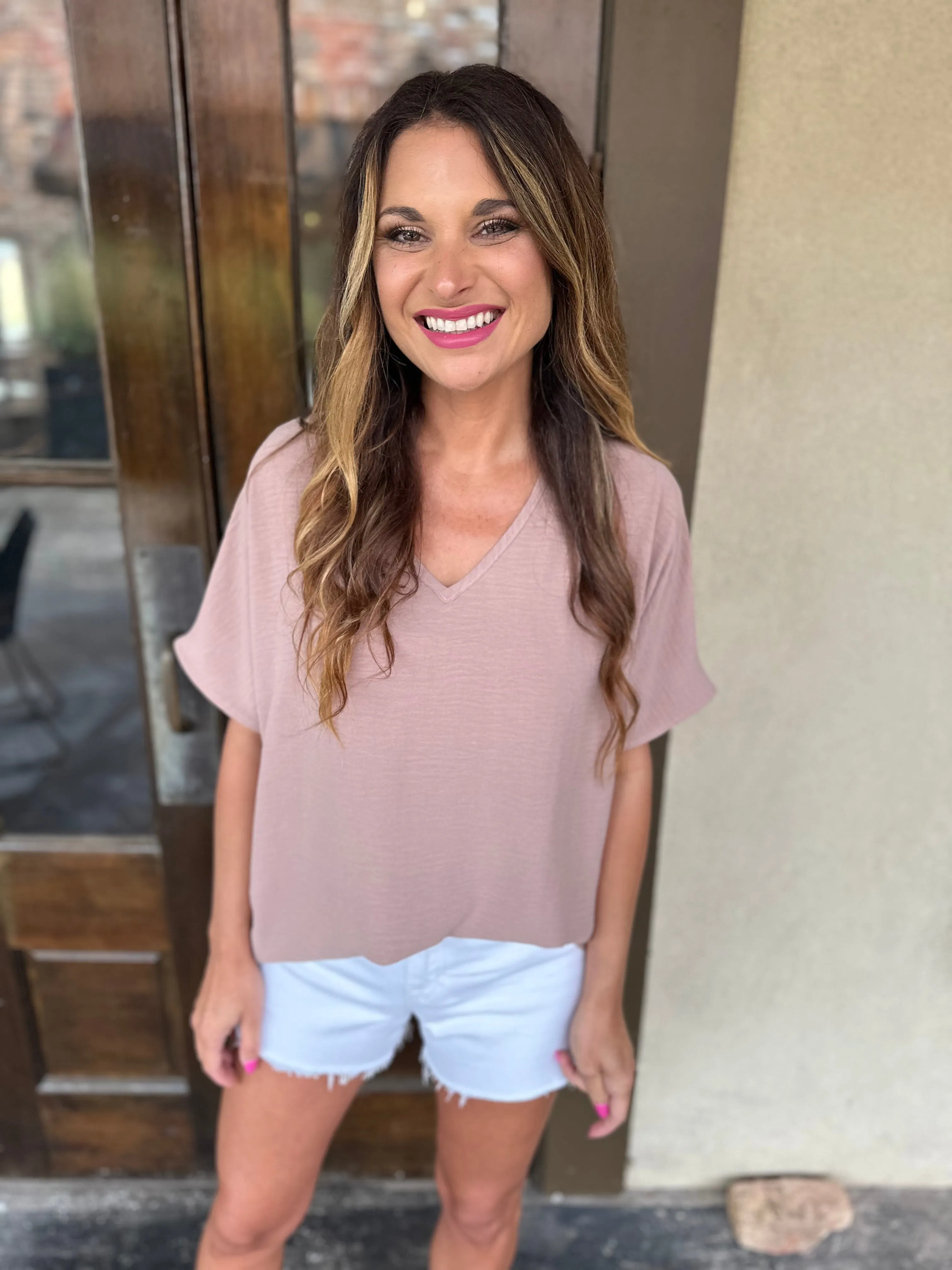Flowy V Blouse- Latte