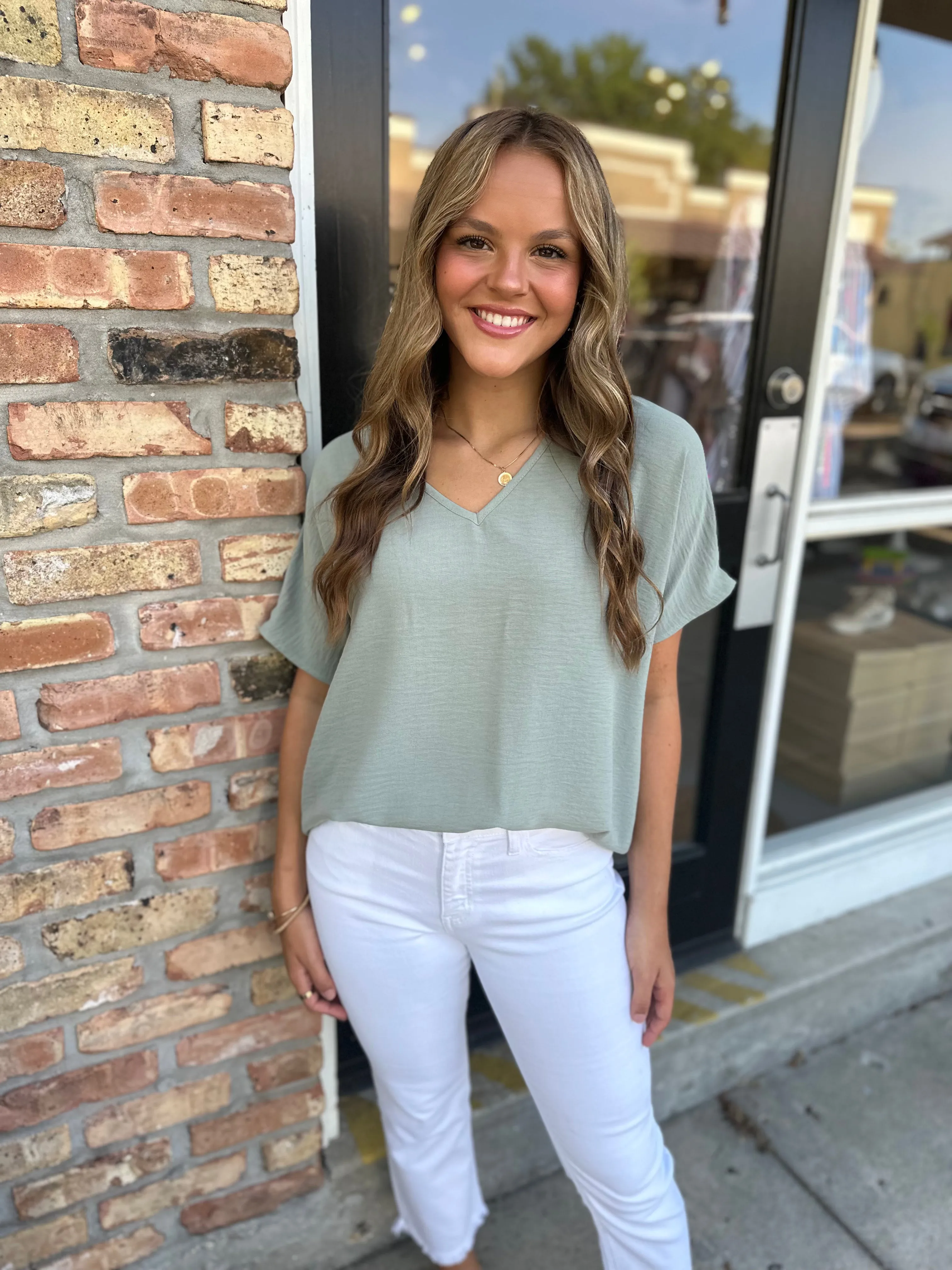Flowy V Blouse- Sage