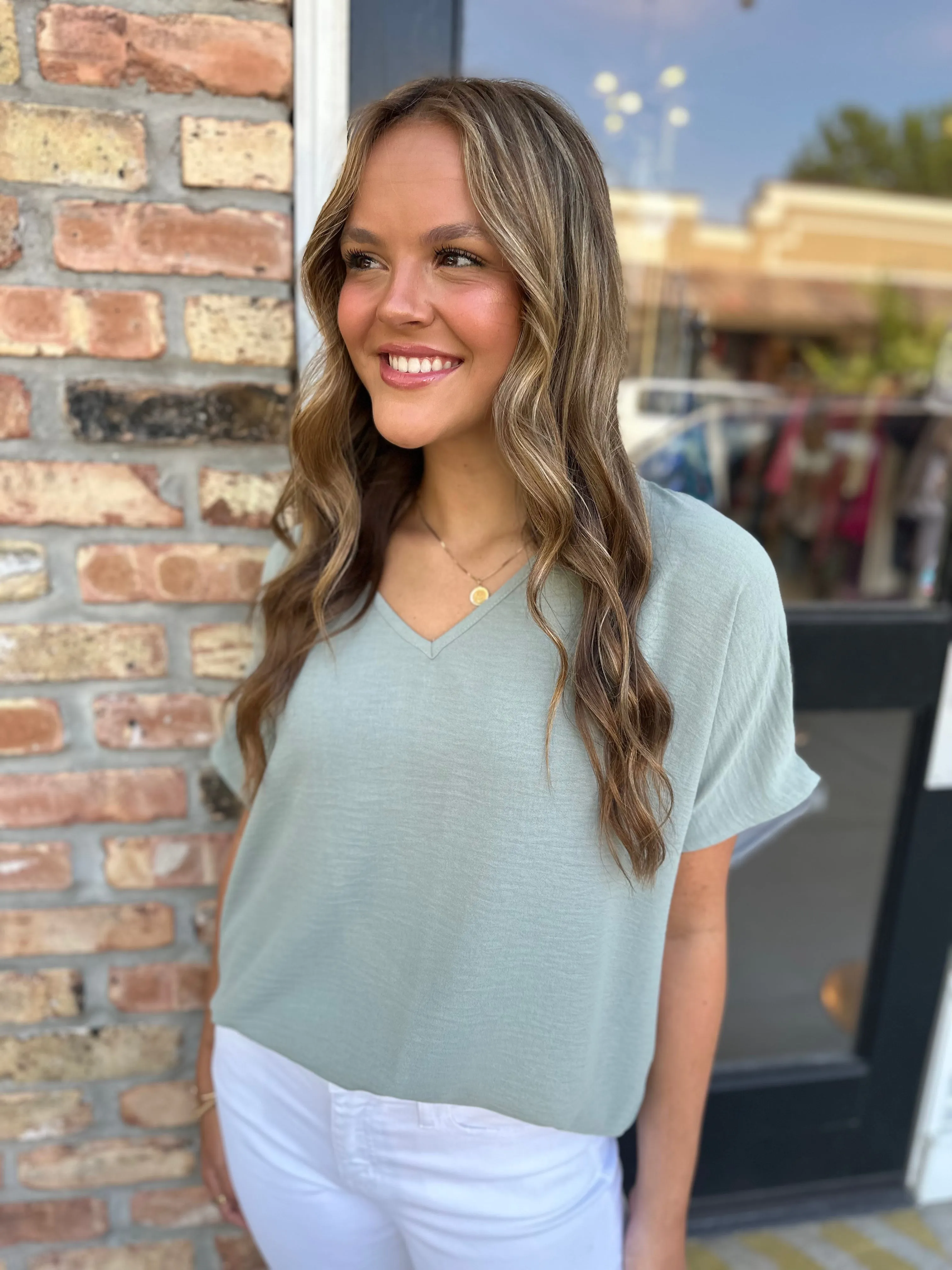 Flowy V Blouse- Sage