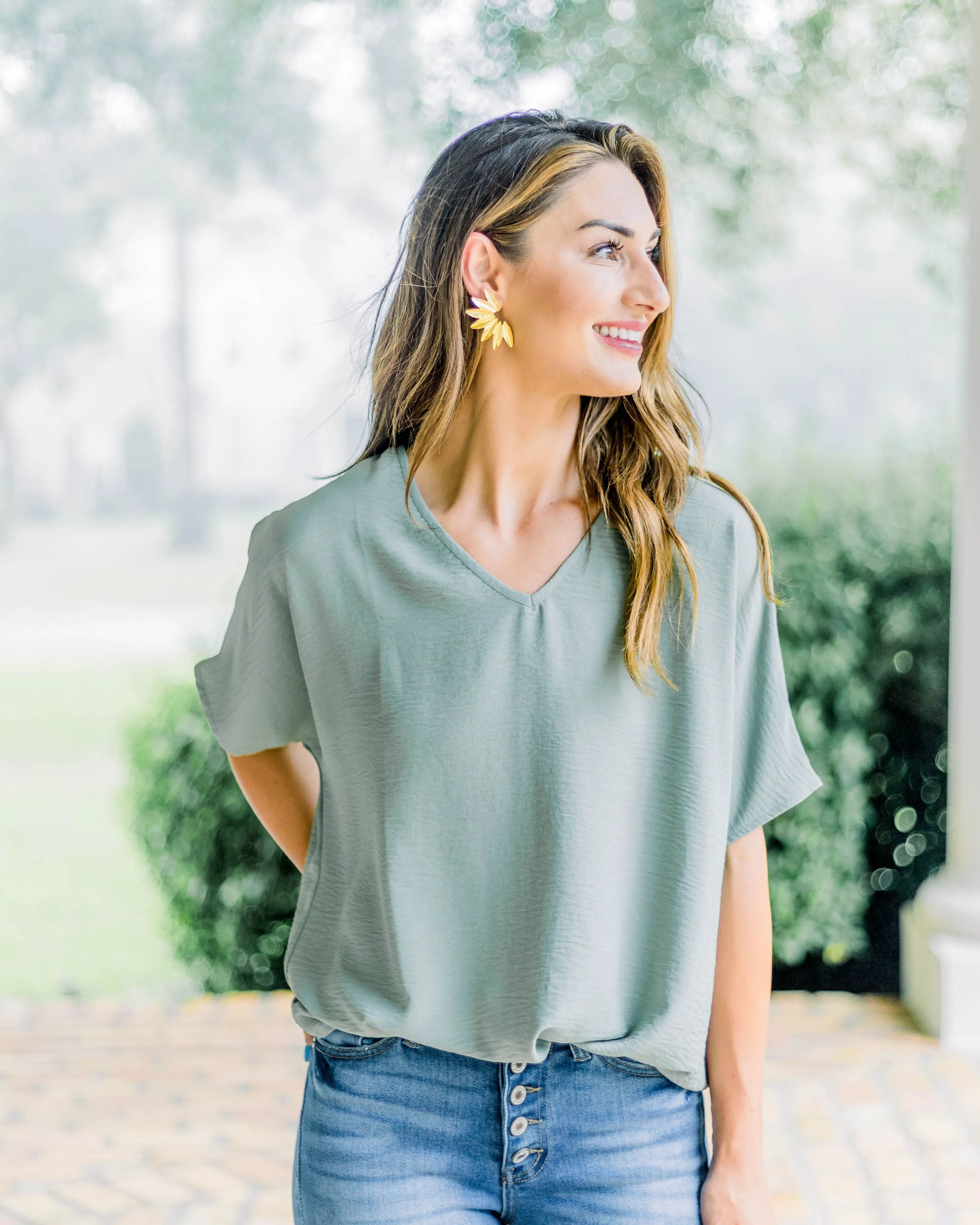 Flowy V Blouse- Sage
