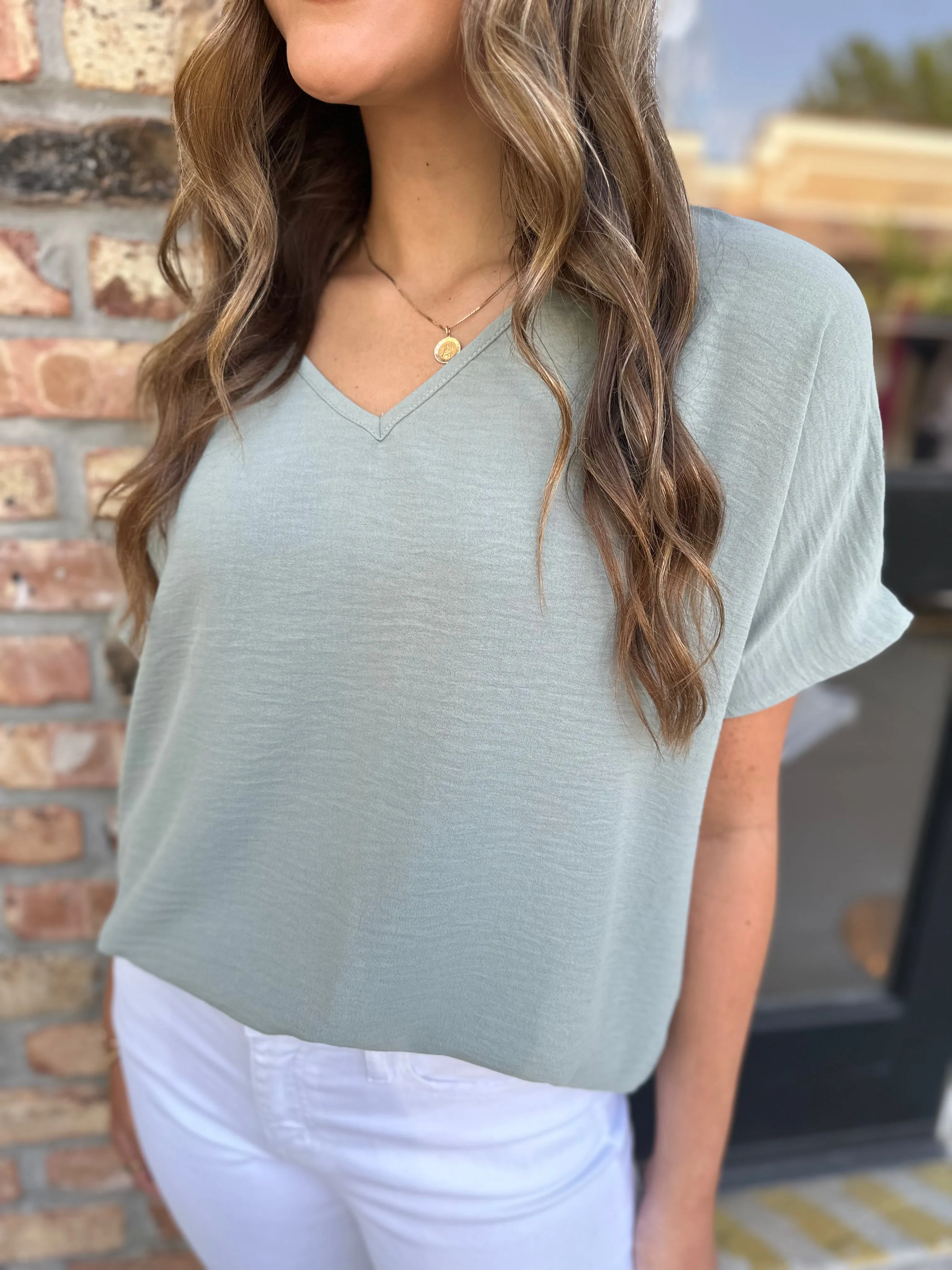 Flowy V Blouse- Sage