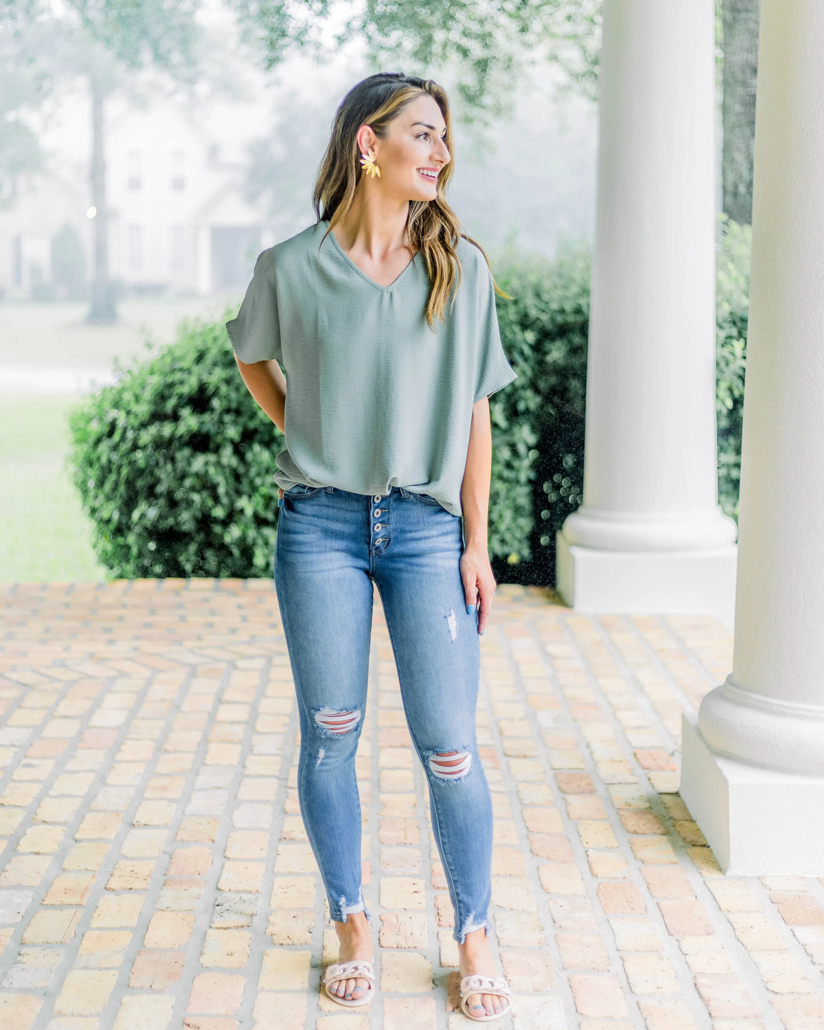Flowy V Blouse- Sage
