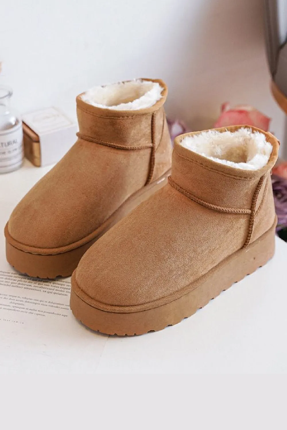 KIDS CAMEL FLUFFY PLATFORM FAUX FUR LINED ANKLE BOOTS 25/30 SIZES