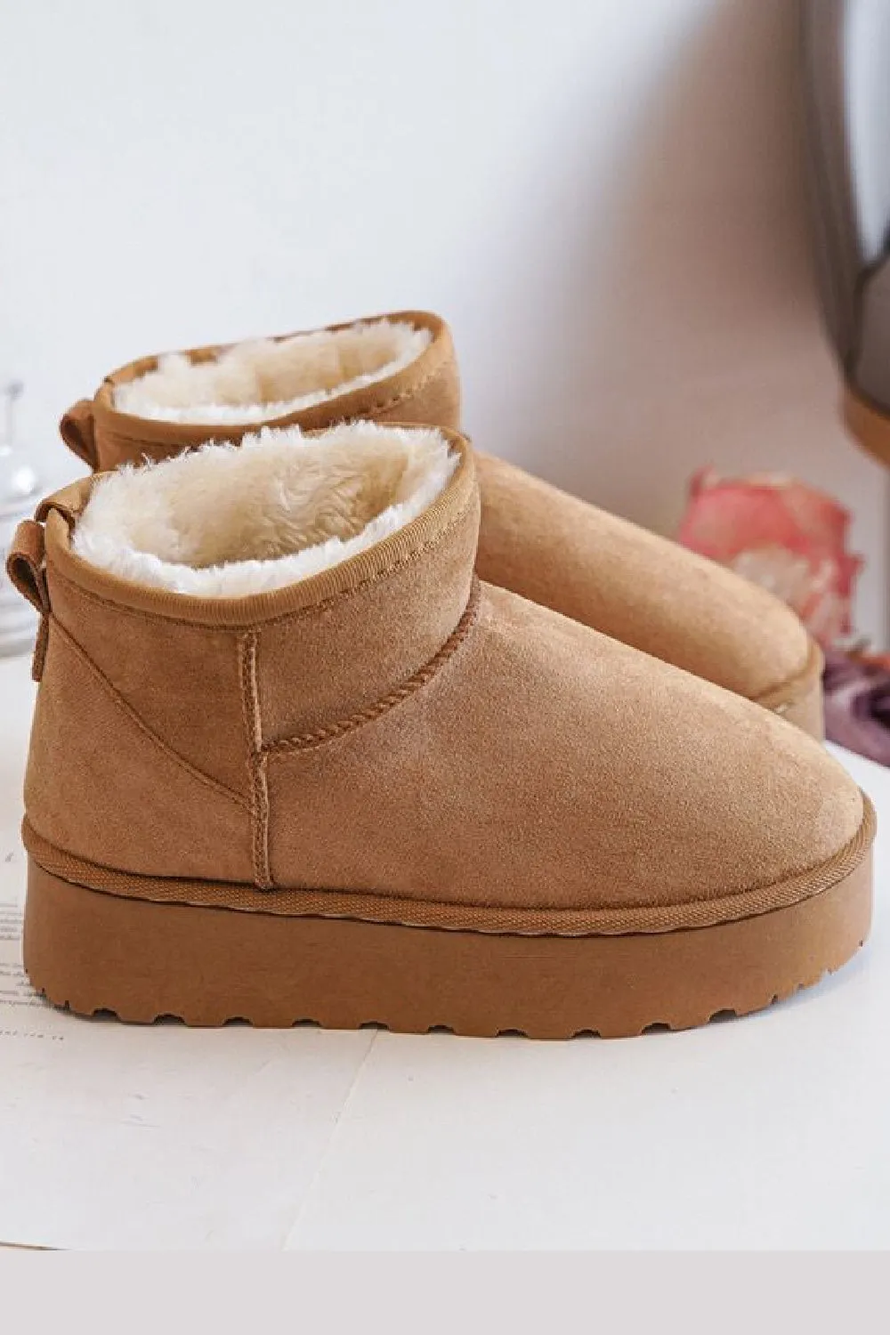 KIDS CAMEL FLUFFY PLATFORM FAUX FUR LINED ANKLE BOOTS 25/30 SIZES