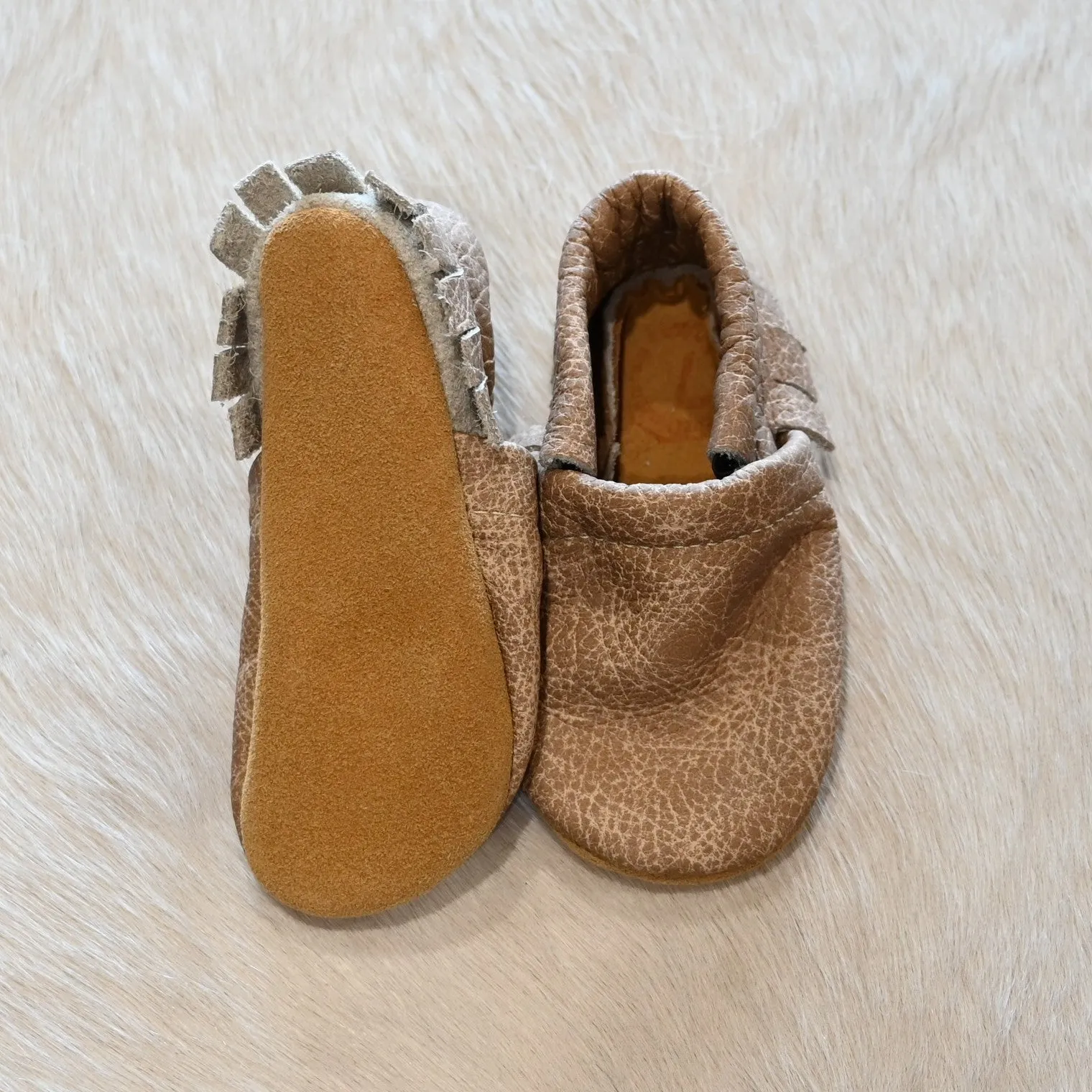 Leather Mocassin with Fringe in Latte