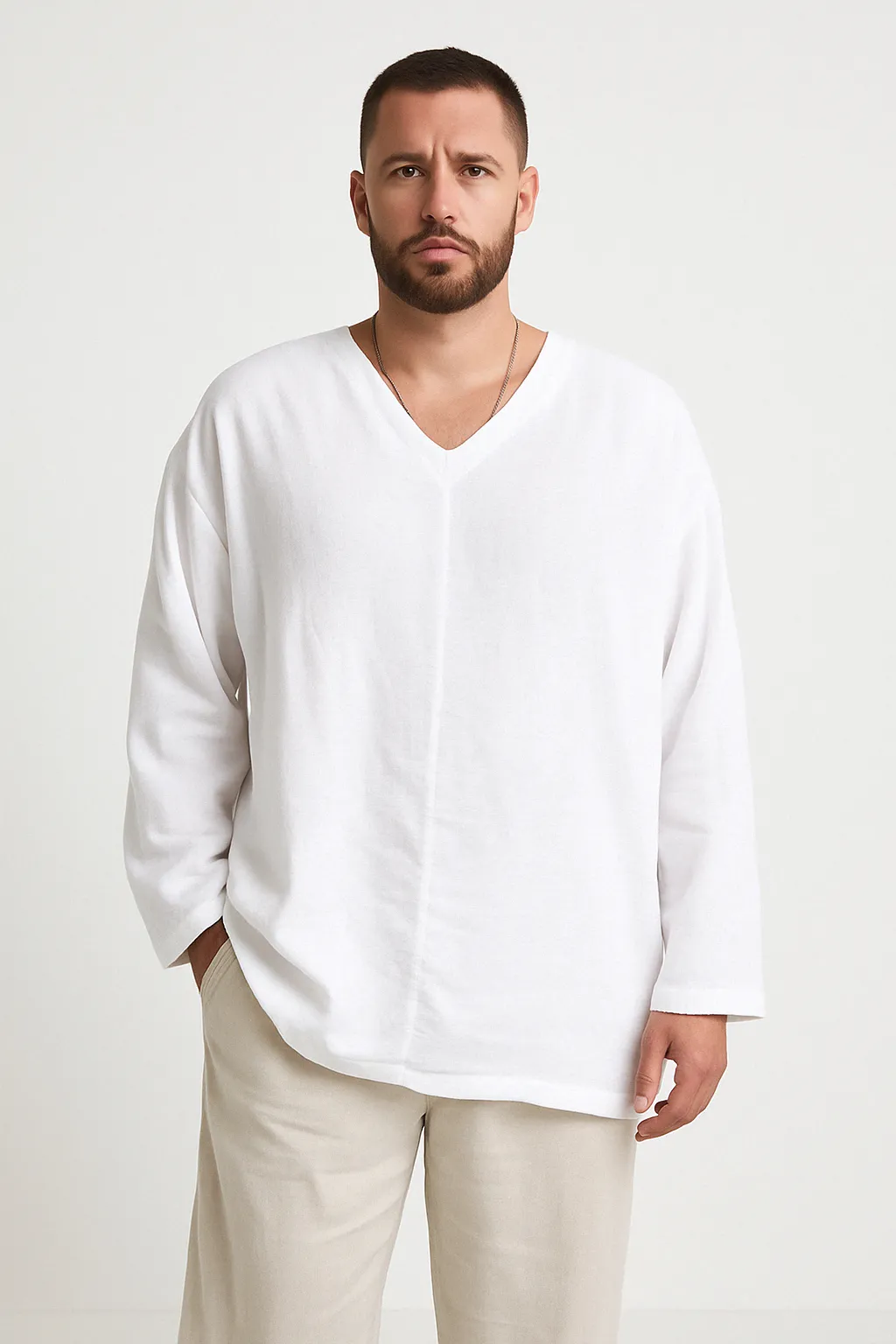 Mens Linen Shirt  Relaxed Fit  V-Neck  Long Sleeve Lightweight Casual
