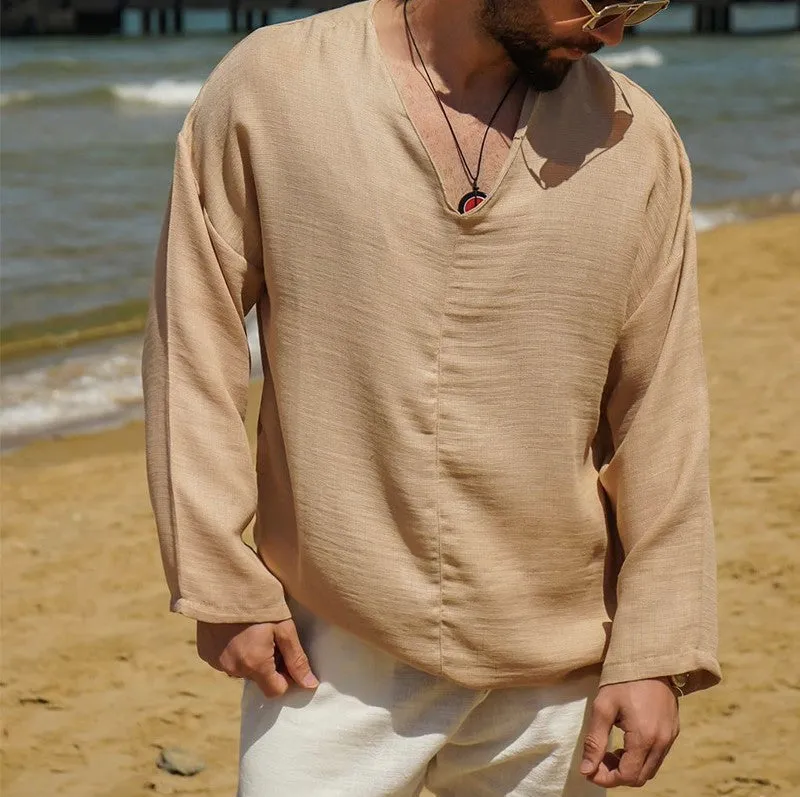 Mens Linen Shirt  Relaxed Fit  V-Neck  Long Sleeve Lightweight Casual