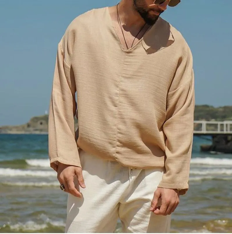 Mens Linen Shirt  Relaxed Fit  V-Neck  Long Sleeve Lightweight Casual