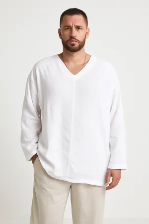 Mens Linen Shirt  Relaxed Fit  V-Neck  Long Sleeve Lightweight Casual