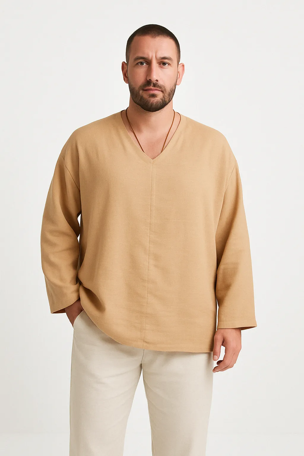 Mens Linen Shirt  Relaxed Fit  V-Neck  Long Sleeve Lightweight Casual