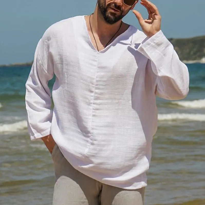 Mens Linen Shirt  Relaxed Fit  V-Neck  Long Sleeve Lightweight Casual