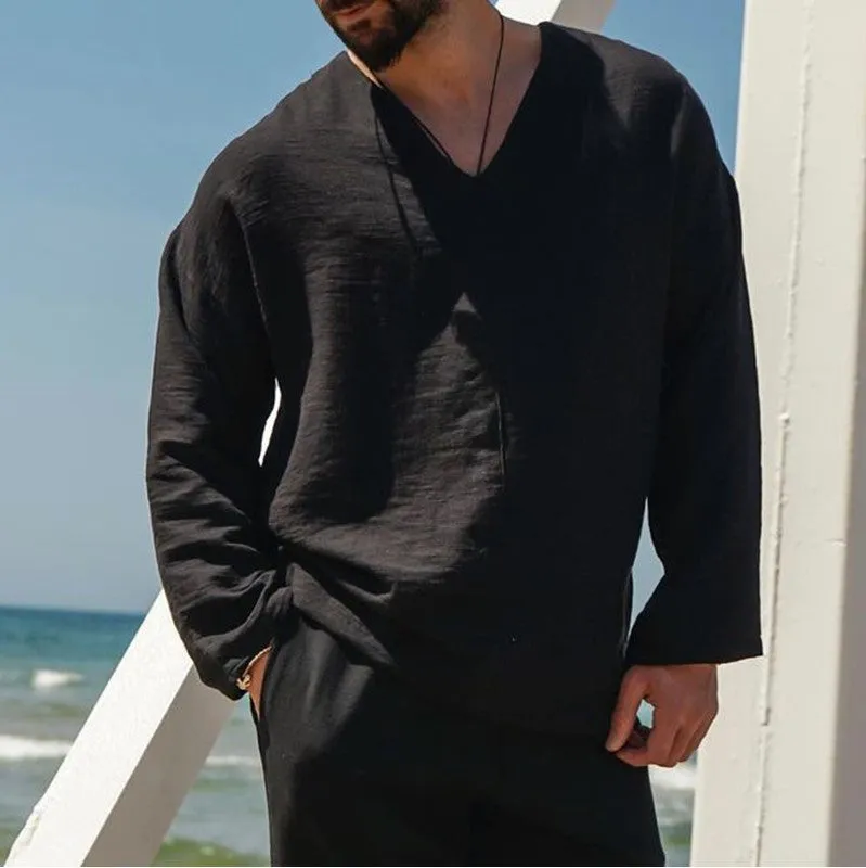 Mens Linen Shirt  Relaxed Fit  V-Neck  Long Sleeve Lightweight Casual