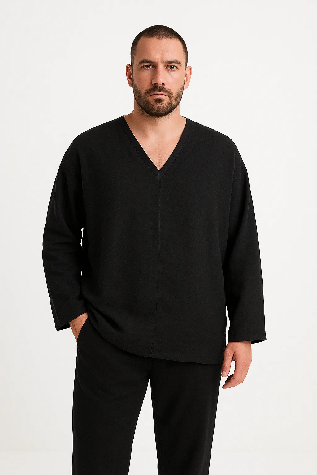 Mens Linen Shirt  Relaxed Fit  V-Neck  Long Sleeve Lightweight Casual