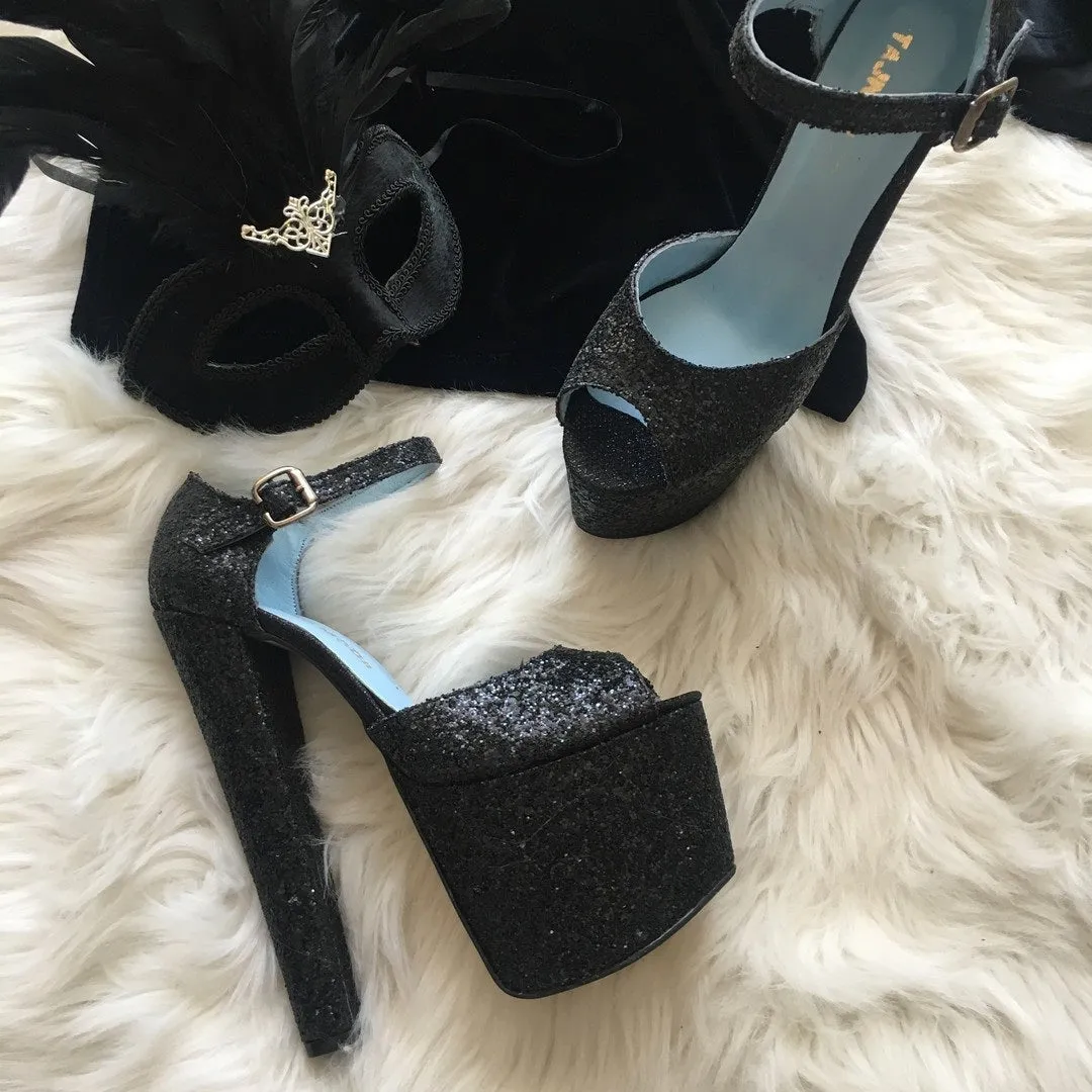 Shinny Glitter Black Ankle Platform Shoes