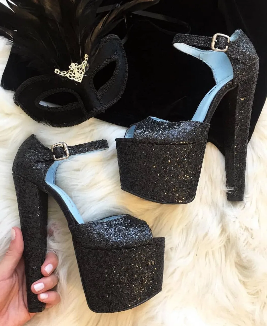 Shinny Glitter Black Ankle Platform Shoes