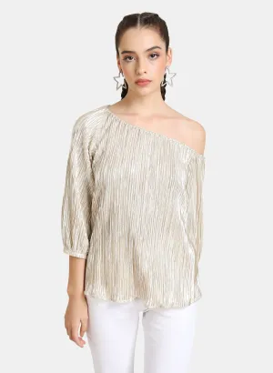 Shiny Pleated One Shoulder Top