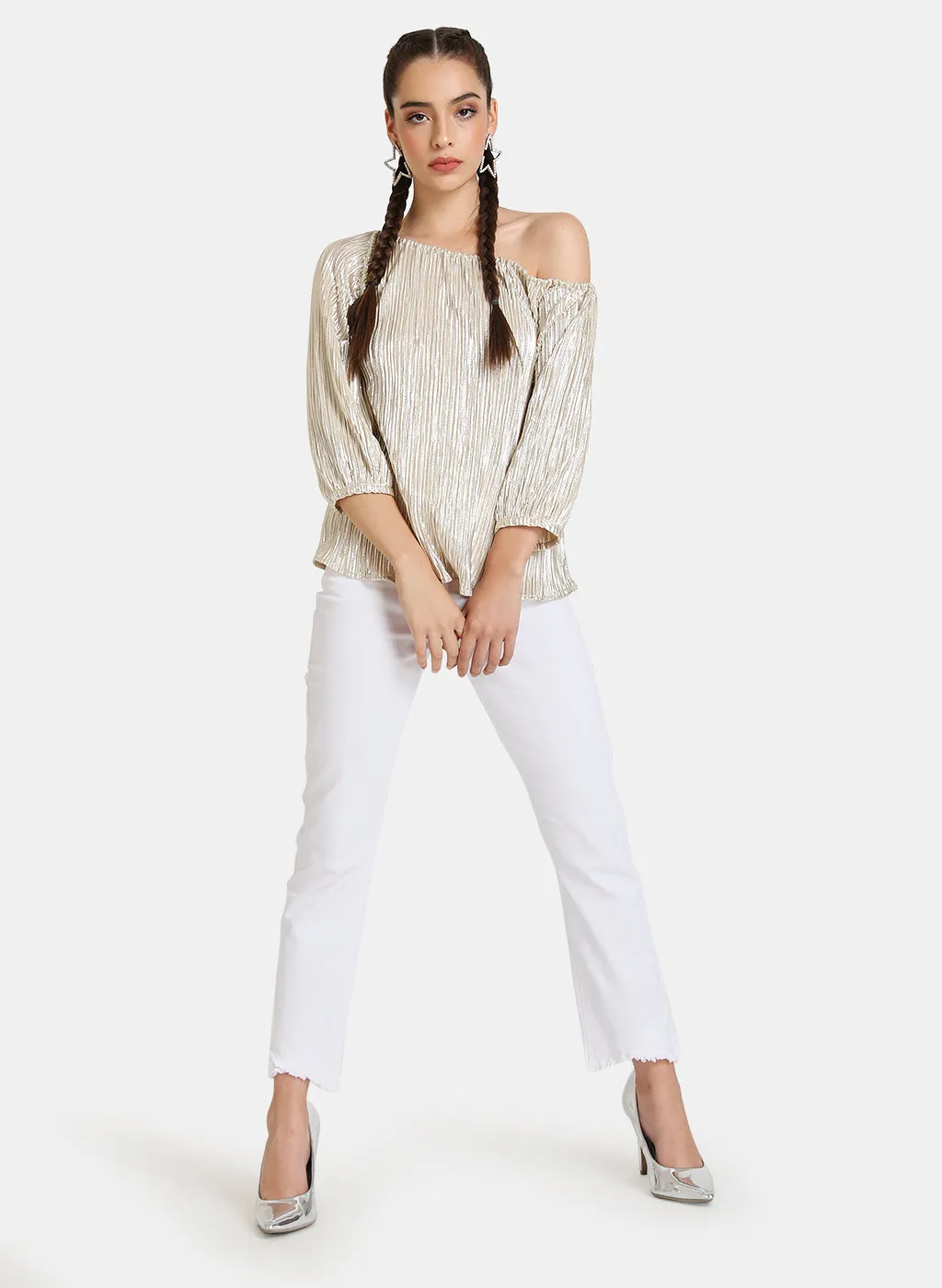Shiny Pleated One Shoulder Top