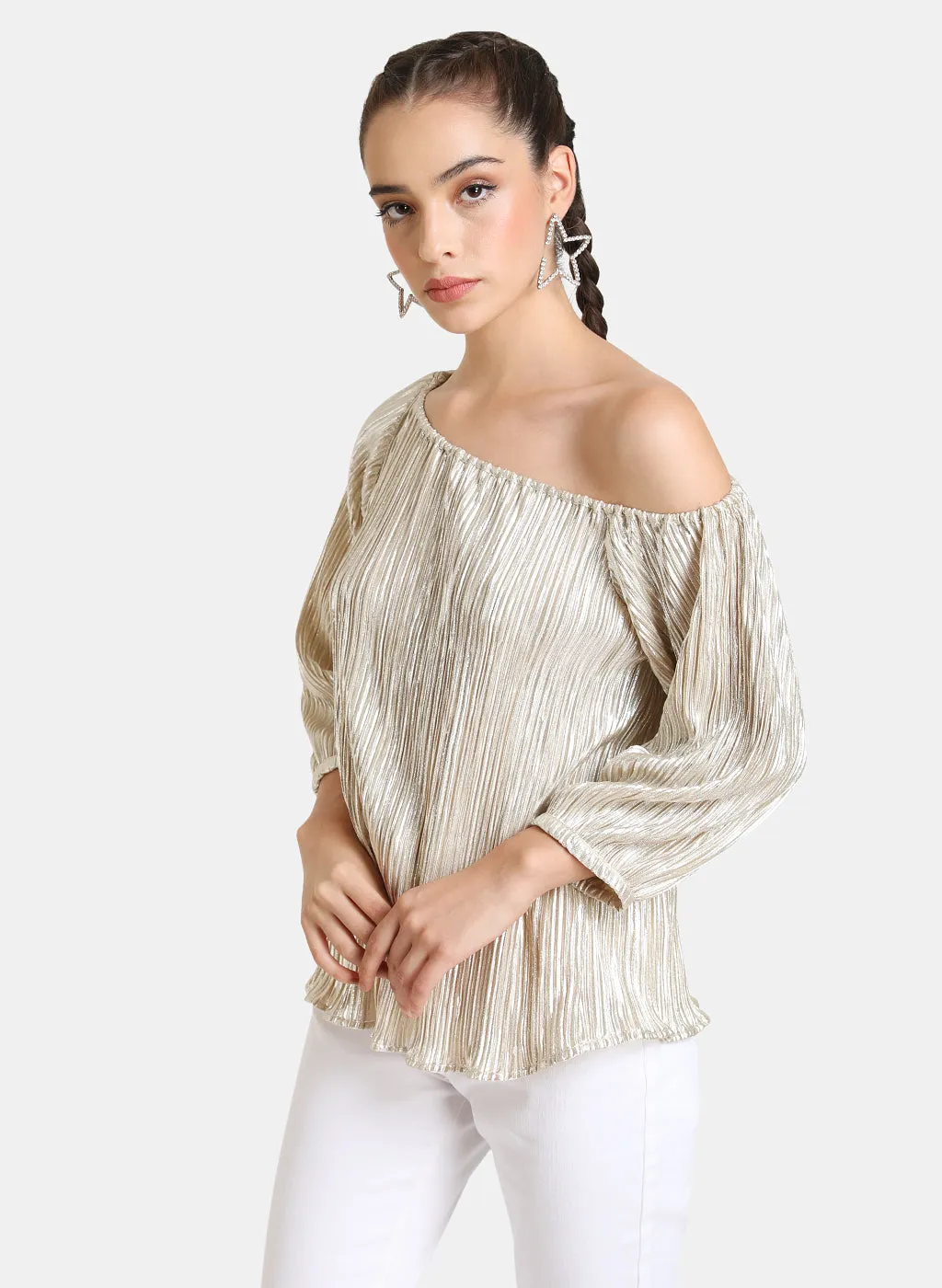 Shiny Pleated One Shoulder Top