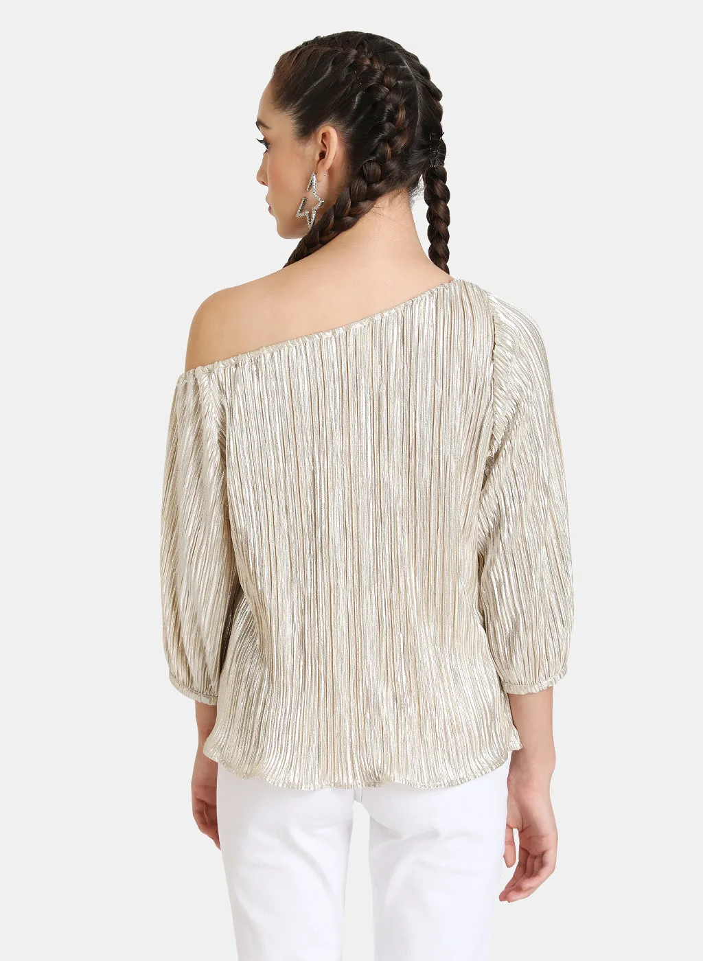 Shiny Pleated One Shoulder Top