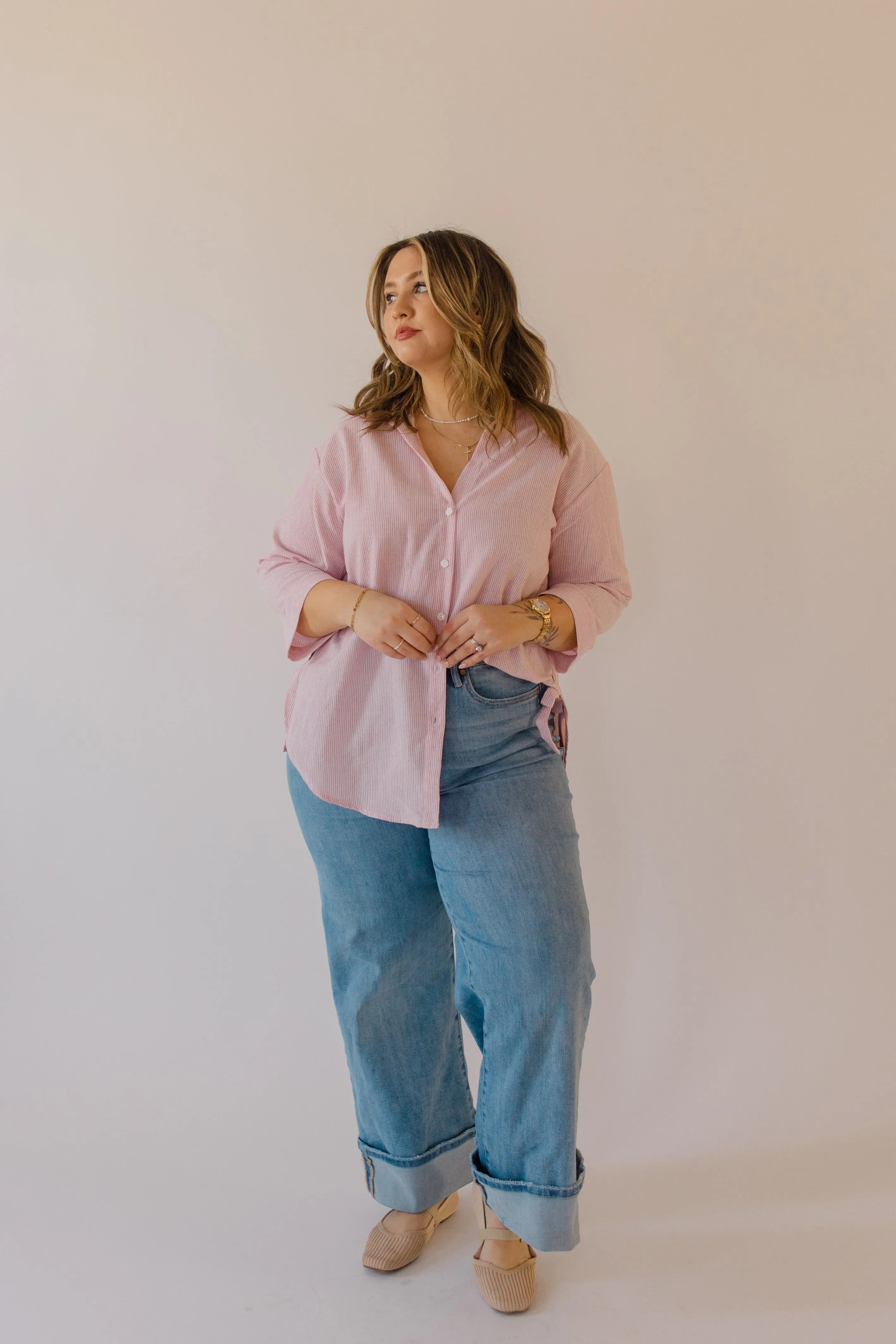 Striped Bow Tie Detail Button Down Top