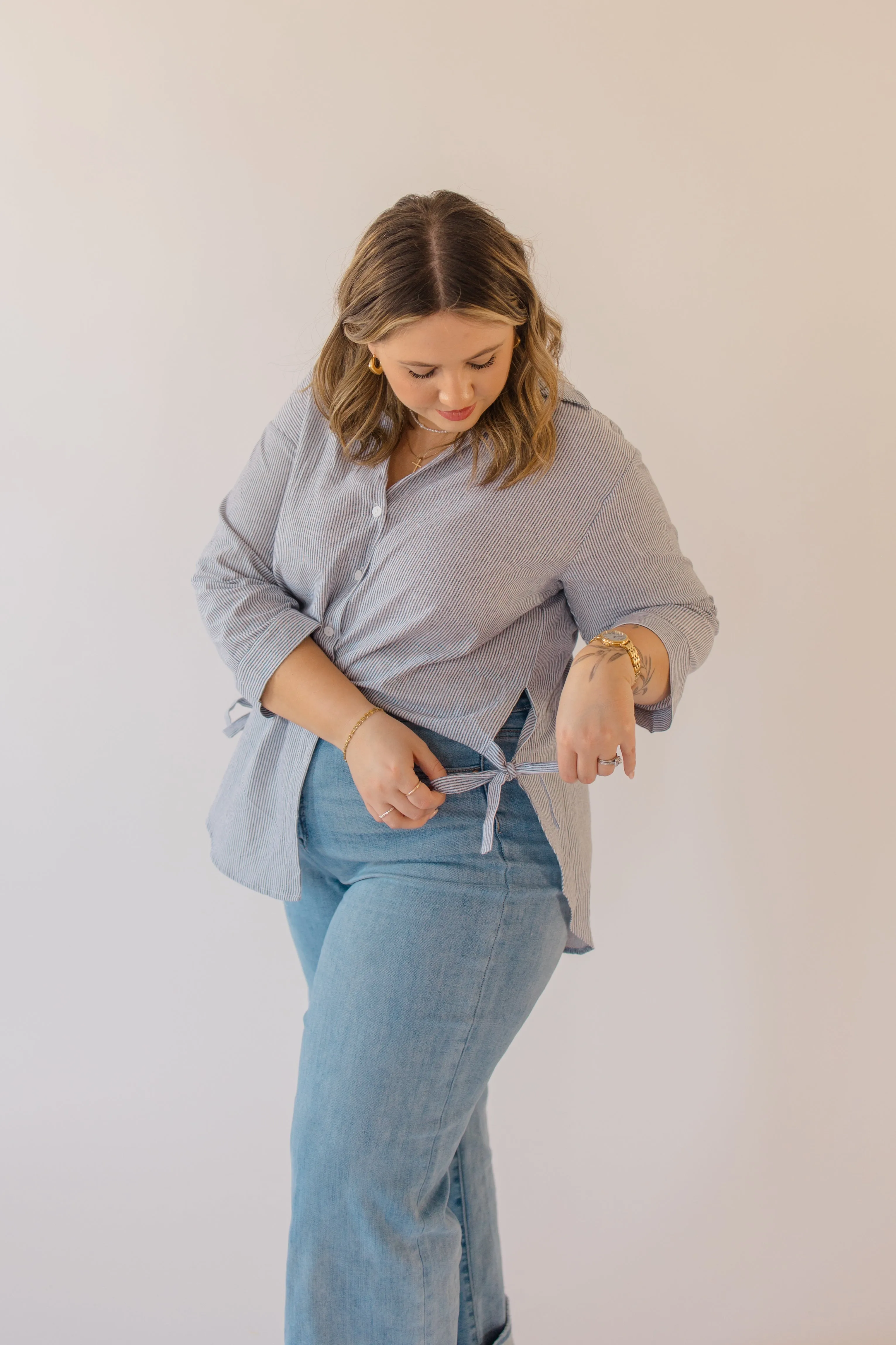 Striped Bow Tie Detail Button Down Top
